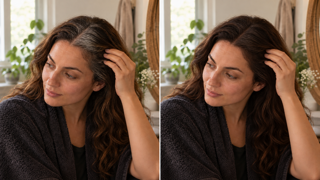 Before and after gray coverage using the two-step henna and indigo method