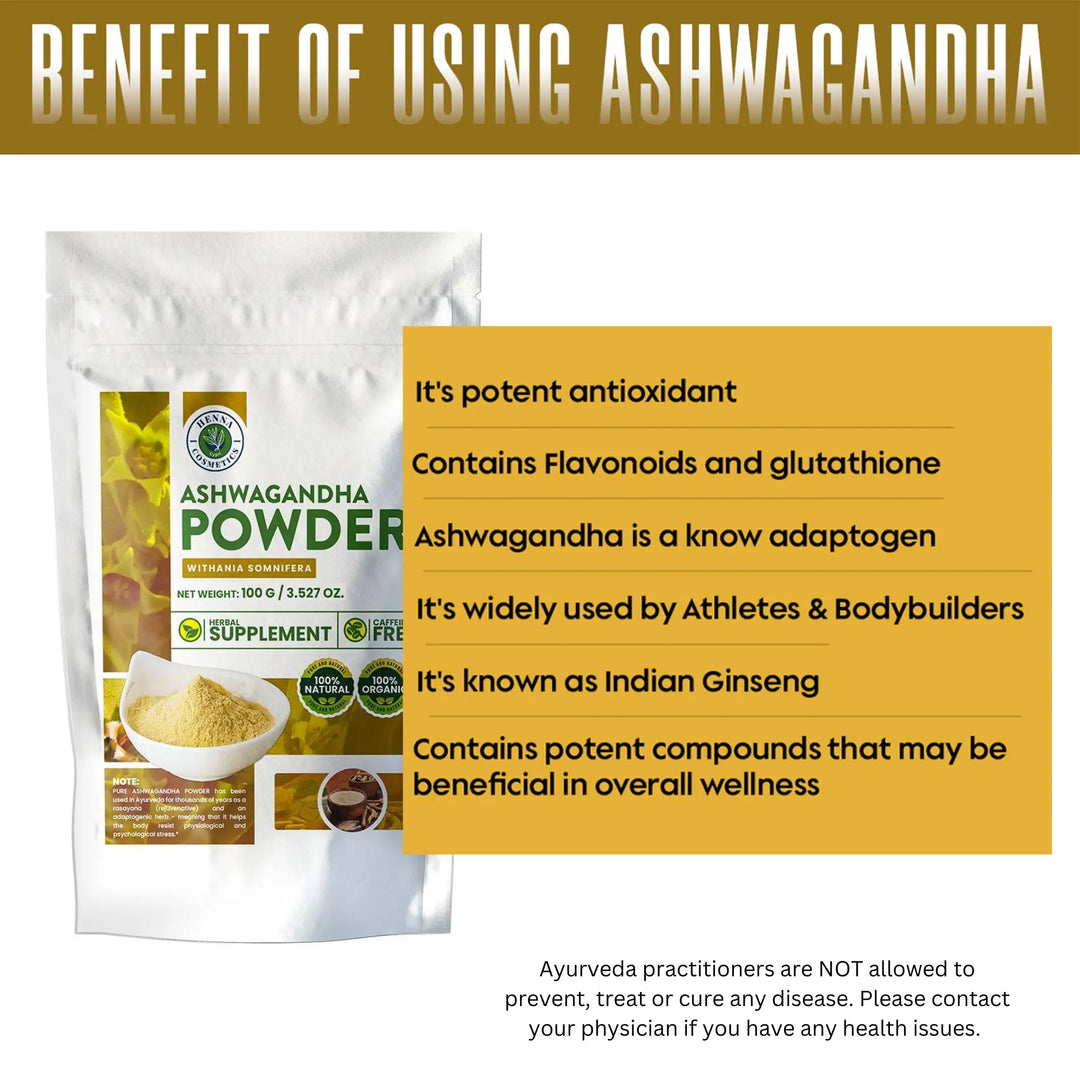 Ashwagandha Powder (Withania Somnifera) 100 Grams (3.53 oz.) - Henna Cosmetics