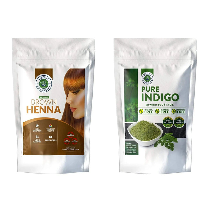 Brown Henna Mix, Hair Dye 100 Grams + Pure Indigo Powder 100 Grams. (Bundle for Gray Hair) - Henna Cosmetics