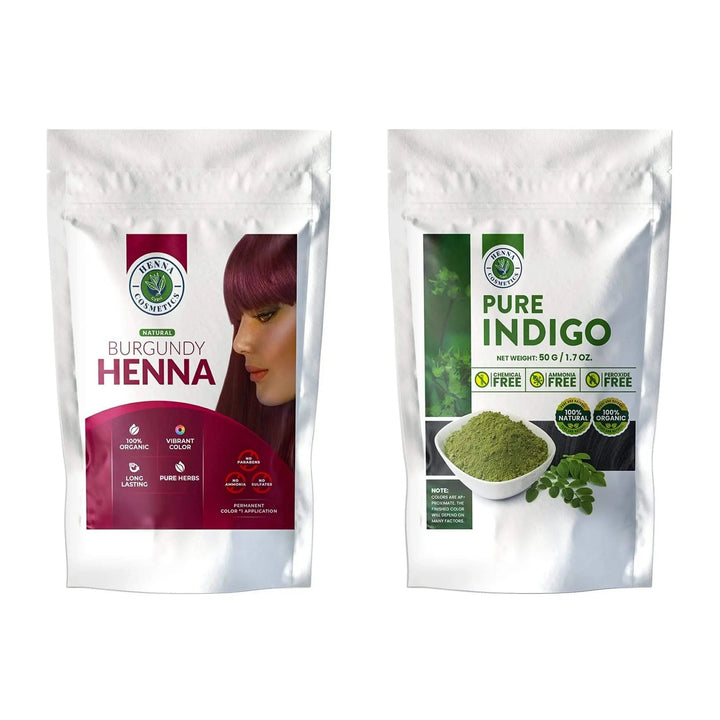 Chestnut Henna Mix, Hair Dye 100 Grams + Pure Indigo Powder 100 Grams. (Bundle for Gray Hair) - Henna Cosmetics