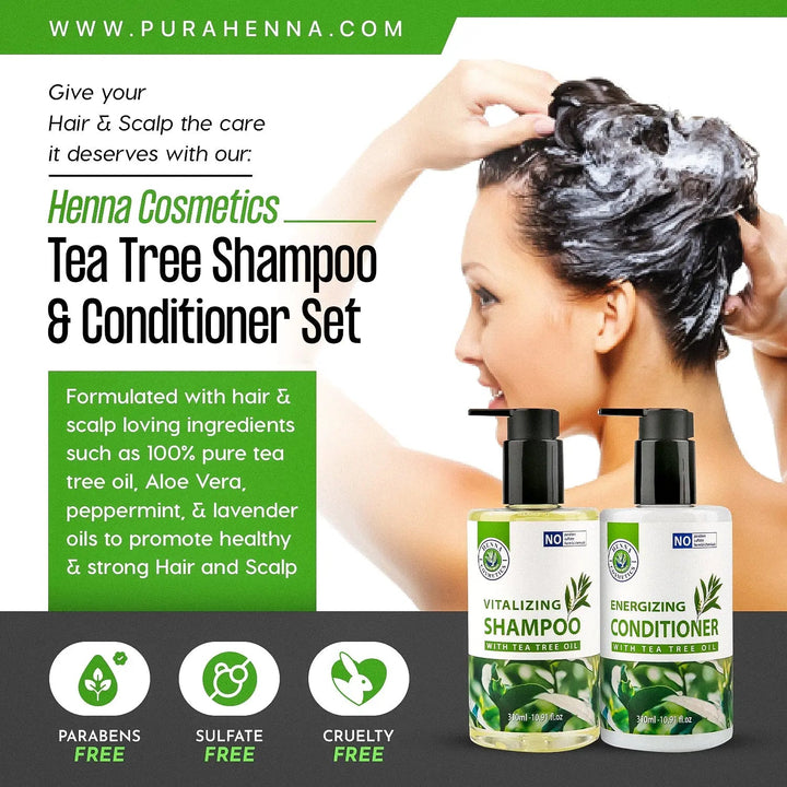 Tea Tree Oil Shampoo and Conditioner Set | Sulfate Free, Paraben Free  | 10.4 FL oz. Each - Henna Cosmetics