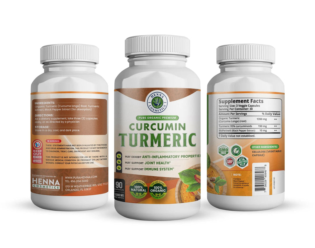 Turmeric Curcumin 1500 mg (90 Capsules) with Black Pepper - for Joints and Inflammatory Support - Henna Cosmetics