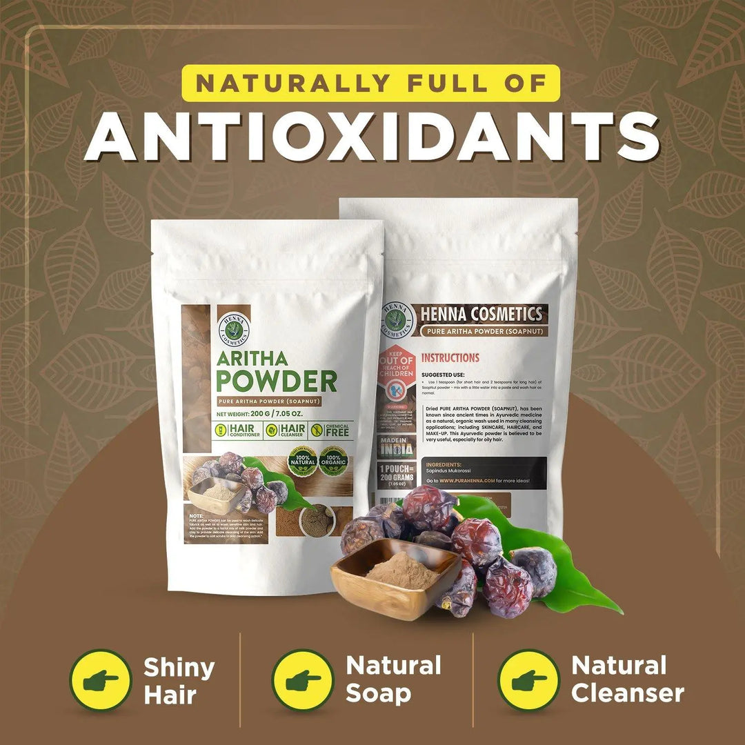 Aritha Powder (Soapnut) 100% Natural, Pure, Organic, |200Grams/(7.05 ounces)| Raw, Non-GMO - Hair &amp; Skin Cleanser and Conditioner | Henna Cosmetics - Henna Cosmetics