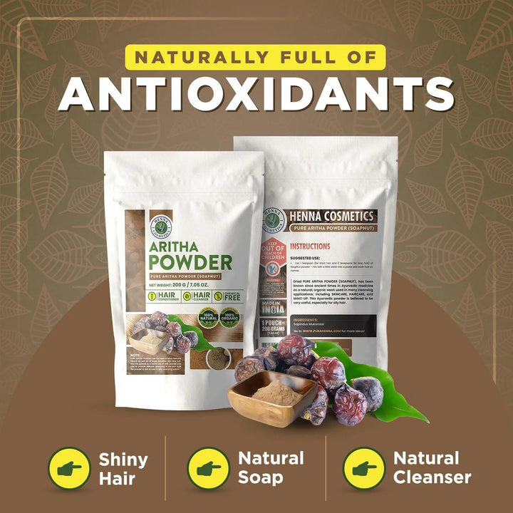 Aritha Powder (Soapnut) 100% Natural, Pure, Organic, |200Grams/(7.05 ounces)| Raw, Non-GMO - Hair &amp; Skin Cleanser and Conditioner | Henna Cosmetics - Henna Cosmetics